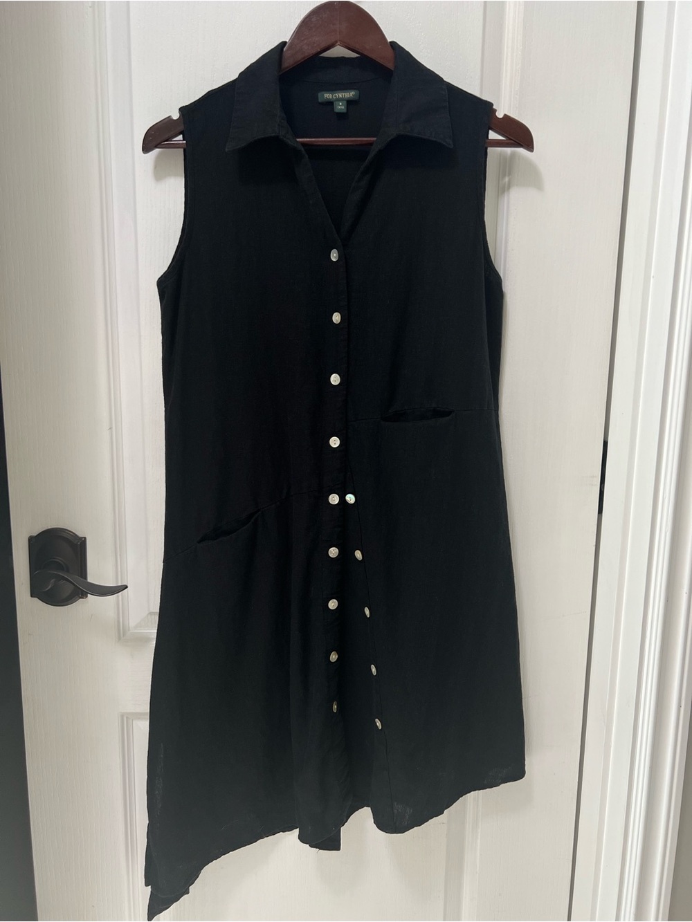 For Cynthia Black Linen Blend Sleeveless Asymmetrical Shirt Dress Small Midi